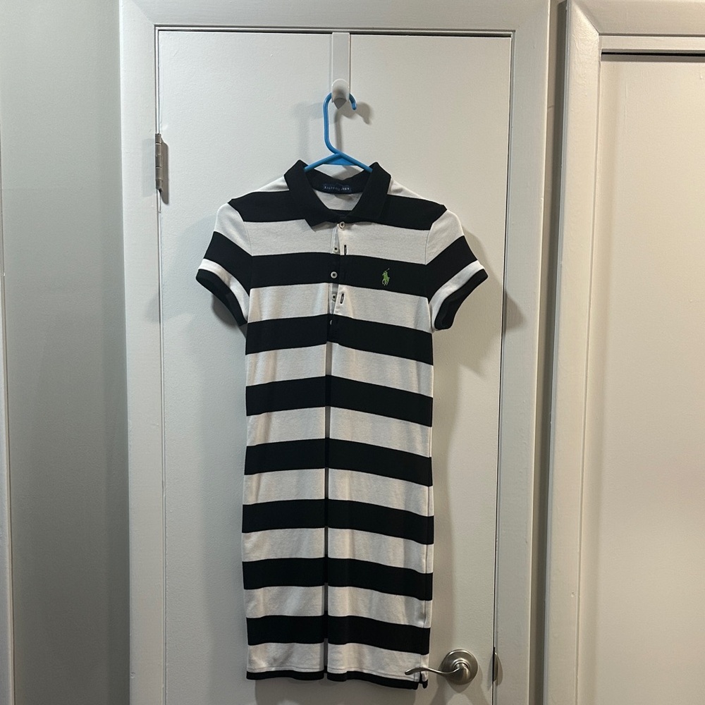 Ralph Lauren Black and White Striped Polo Dress with Green Logo